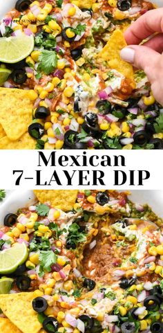 mexican 7 - layer dip in a white bowl with tortilla chips and black olives