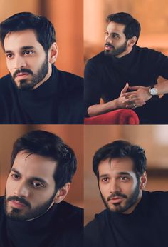 four different shots of a man in black shirt looking at the camera and making faces