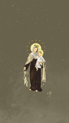 the virgin mary and child jesus are depicted in this digital painting style illustration, with gold stars above them