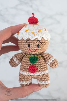 a small crocheted teddy bear with a hat on it's head