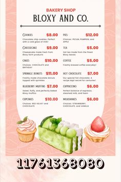 the bakery shop flyer is shown with different types of cakes and desserts on it