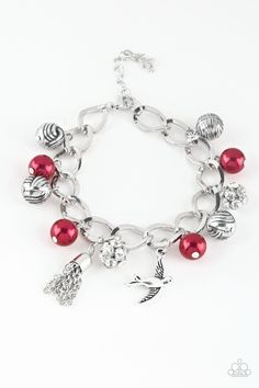 Lady Love Dove - Red Paparazzi Bracelet, Paparazzi Accessories, Bling by JessieK Dove Bracelet, Red Charm, Silver Bird, Bird Charm, Red Bracelets, Paparazzi Accessories, White Rhinestone, Paparazzi Jewelry, Affordable Jewelry