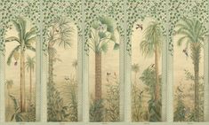 four paneled wallpaper with palm trees, birds and other tropical plants on it