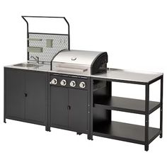 an outdoor bbq grill with sink and shelf