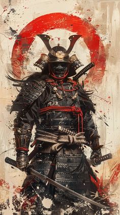 a painting of a samurai holding two swords