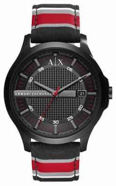 Armani Exchange Mens Dress Watch Black Red Stripe Strap AX2197 Mens Dress Watches, Best Watch Brands, White Watch, Fabric Strap, Stripe Fabric, Mens Dress, Men's Watches