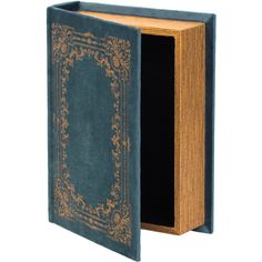 an open book with a gold border and blue cover