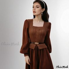 Olivia Mark - Chic Color Block Knit Dress with Waist Belt Included Fitted Brown Dress With Belt, Winter Brown Belted Dress, Fitted Belted Winter Dress, Fitted Winter Dress With Belt, Winter Fitted Dress With Belt, Elegant Brown Knee-length Sweater Dress, Fitted Midi Dress With Belt For Fall, Fitted Fall Midi Dress With Belt, Dress With Waist Belt