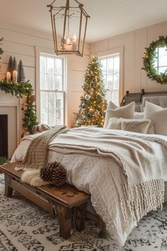 a bedroom decorated for christmas with wreaths and pine cones