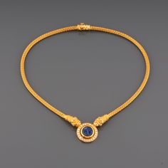 A very lovely necklace, greek made. Made in yellow gold 18k, set with 1.50 carats of diamonds and a Cabochon of lapis Lazuli. The length is 42cm, the diameter of central part is 22mm. Weight: 39 grams Greek Necklace, Ancient Jewels, Gold Jewellry, Cabochon Necklace, Ruby Bracelet, Art Deco Diamond Rings, Moms Bracelet, Ancient Jewelry, Star Ruby