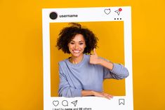 a woman giving the thumbs up sign with an instagram frame over her shoulder and yellow background