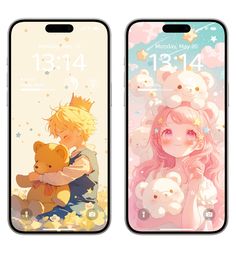 two iphones with cartoon characters on them, one has a teddy bear and the other is