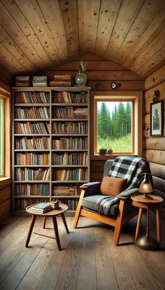 a chair and table in a room with bookshelves full of books on the shelves