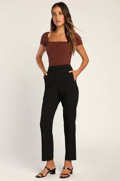 From the desk to after-hours fun, the Lulus Chic Business Black High-Waisted Trouser Pants will have you looking fab! Stretch-woven fabric shapes these chic trousers with a seamed detail that travels down the tapered legs to ankle-length hems. Functional side pockets frame the high waistband that has a hidden fly with clasp closure and top button, while a decorative welt pocket adorns the back. Fit: This garment fits true to size. Length: Ankle length. Size medium Inseam: 28.00 Front Rise: 11.00 High Waisted Trouser Pants, Womens Black Dress Pants, Chic Trousers, You Look Fab, Womens Black Pants, Lulu Fashion, The Desk, Tapered Trousers, Black Trousers