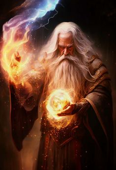 an old wizard holding a glowing orb in his hands