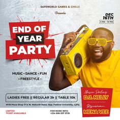 a flyer for an end of year party with a man in sunglasses holding a radio