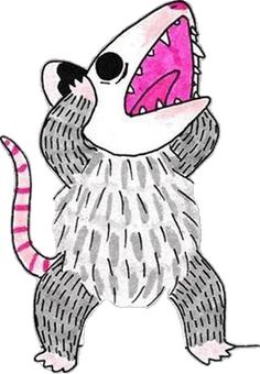 a drawing of a cartoon rat holding a pink object in it's mouth and teeth