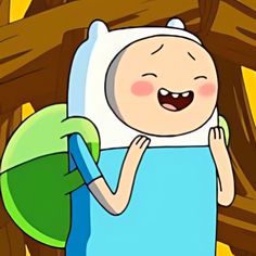 an animated image of finn from adventure time holding his hand up to his face and smiling