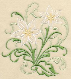 two white flowers with green stems on a beige background, embroidered onto the side of a piece of cloth