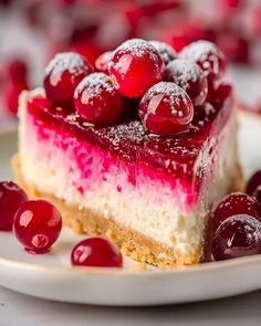 a piece of cheesecake topped with cherries on a plate