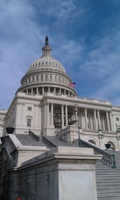 the capitol building is white and has steps leading up to it's dome with a flag on top