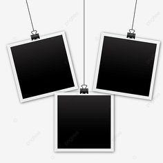 three black and white polaroid frames hanging from the ceiling with clippings on them