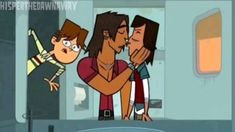 three cartoon characters are kissing each other in front of an open door with the caption,