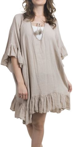 Lovely linen and cotton blend Tunic Dress. There are ruffles at the hem and on the sleeves with a tie at the neck. 75% Linen | 25% Cotton Made in Italy One Size Fits Most Model is 5'8 Linen Tunic, Silk Shorts, Tie Dress, Dress 100, Italian Fashion, Ruffle Dress, Ruffle Hem, Tunic Dress, Silk Dress