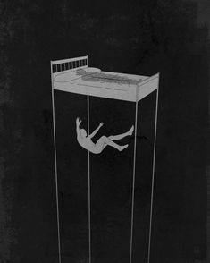 a drawing of a person falling from a suspended bed in the middle of a dark room