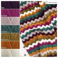 the crocheted afghan is shown with different colors