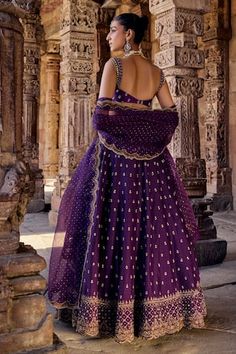 Purple attached cancan scallop hem lehenga with all over florin bahar embroidery using dabka, pearl, gota and zari embellishments. Paired with a strap sleeves matching embroidered padded blouse and an embroidered scallop border handblock printed dupatta. - Aza Fashions Kurta Lehenga, Lehenga Pattern, Anushree Reddy, Sanya Malhotra, Scallop Border, Padded Blouse, Lehenga Skirt, Printed Dupatta, Bridal Lehengas