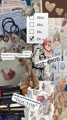 collage of medical images with words and pictures on the bottom right corner, including an image of heart, lungs, doctor's stethoscopes,