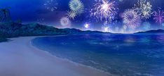 fireworks are lit up over the ocean and beach