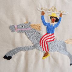 Hand embroidery on  Linen  horse rider cow girl Fabric Paint And Embroidery, Embroidery Characters, Linen Embroidery, Hand Embroidered Words Shirt, Wes Anderson Embroidery, Funky Embroidery, French Embroidery, Small Embroidery, Embroidery Cowboy