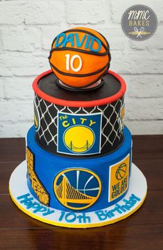 a three tiered cake decorated with basketballs and the number ten on it's side