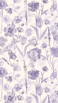 watercolor flowers and plants on a white background with purple accents in shades of lilac