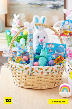 a basket filled with lots of toys on top of a table