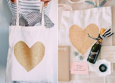 two pictures one is white and the other has gold glitter heart on it, both have tags attached to them