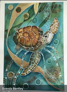 a painting of a turtle swimming in the ocean