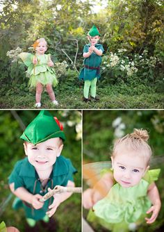 three photos of two children dressed up as tinkerbells, one in green and the other in red