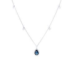 This stunning contemporary design features a pear shape sapphire weighing 0.88 carats surrounded by round brilliant cut diamonds totaling 0.12 carats. Sapphire Diamond Teardrop Pendant Necklace, Diamond Teardrop Pendant Necklace With Sapphire, Sapphire Teardrop Pendant Necklace With Diamonds, Teardrop Diamond Necklace With Gemstone Accents, Diamond Teardrop Necklace With Gemstone Accents, Teardrop Gemstone Diamond Necklace, Diamond Teardrop Necklaces With Gemstone Accents, Blue Diamond Teardrop Necklace, Blue Pear-shaped Diamond Necklace