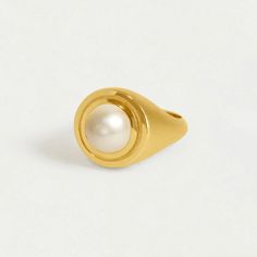 The Mini Signet Ring contrasts our signature brushed finish with a high polished, double-layered rim surrounding a round and lustrous pearl. Details: Gemstone: Saltwater Pearl Gemstone Diameter: 10mm Classic Everyday Pearl Ring, Minimalist Polished Pearl Ring For Formal Occasions, Formal Minimalist Pearl Ring With Polished Finish, Modern Round Pearl Ring In Yellow Gold, Modern Pearl Open Ring With Polished Finish, Modern Round Pearl Rings, Modern Oval Pearl Ring For Anniversary, Modern Pearl Rings, Gold Pearl Ring