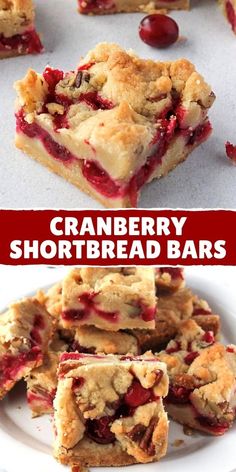 cranberry shortbread bars are stacked on top of each other