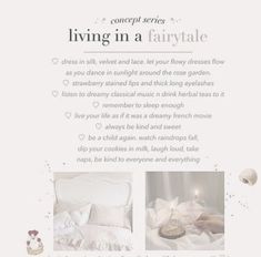 an advertisement for living in a fairy tale, with pictures of the bed and pillows