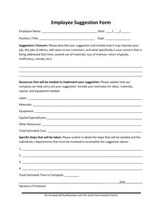 the employee suggestion form is shown in this file, and contains information for employees to use