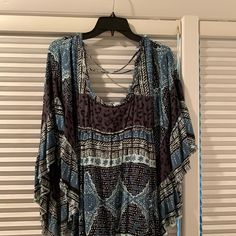 Bell Sleeves , With Drawstring And Flow Skirt, Never Worn Blue Stretch Bohemian Dress, Stretch Blue Bohemian Dress, Blue Bohemian Stretch Dresses, Blue Rayon Beach Tops, Blue Tunic Top For Beach Cover-up, Blue Bohemian Viscose Dress, Flow Skirt, People Dress, Free People Dresses