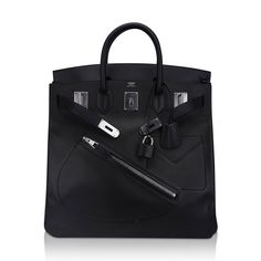 Hermes limited edition HAC Rock Birkin 40 (Haut a Courroies) bag featured in Black and Volupto leather.The bag features a diagonal saddle shaped zippered pocket in front, tonal stitching and double rolled handles.Inside the bag has a detachable fastened pocket on a key chain and is lined in black chevre leather. At rear the bag has 1 zippered pocket.This tote bag is neutral perfection for everyday to travel wear. This Hermes Hac bag is accentuated with crisp palladium hardware.Comes with lock, k Hermes Limited Edition, Anarchy Symbol, Birkin 40, Mens Bags Fashion, Future Style, Travel Wear, Practical Bag, Hermes Men, Chanel 2