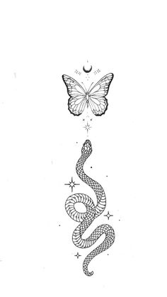 a black and white drawing of a snake with a butterfly above it