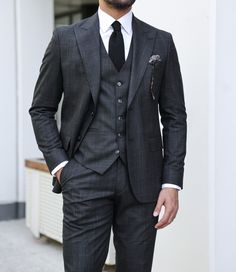 SLIM FIT   BLACK MEN’S THREE PIECE SUIT WITH PEAK LAPELS The post Kapland Row appeared first on MrGuild Men's Suits. Suit Black Men, Three Piece Suite, Designer Suits For Men, Suit Black, Wedding Suit, Cool Outfits For Men, Men’s Suits, Men's Suit, Three Piece Suit