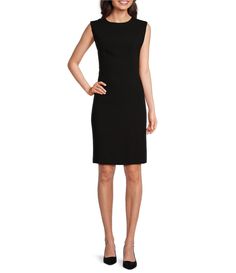 From Donna Karan&#x2C; this dress features:Cady crepe fabricationSheath dress silhouetteCrew necklineSleevelessCenter back zipper closureApprox. 38" lengthPolyester/rayon/spandexDry cleanImported. Flattering Workwear Dresses With Back Zipper, Sleek Knee-length Dress With Back Zipper, Sleeveless Sleek Dresses With Flattering Silhouette, Elegant A-line Mini Dress With Side Zipper, Knee-length Workwear Dress With Back Zipper, Formal Knee-length Dress With Side Zipper, Knee-length Work Dress With Back Zipper, Knee-length Dress With Back Zipper For Work, Sleek Formal Dress With Side Zipper